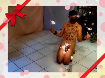 naked slave exposed sparkler in urethra HAPPY NEW YEAR body writing BDSM CBT - boyfriendtv.com