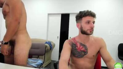 Two muscled aroused gay studs licking balls in kitchen - drtuber.com