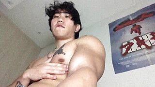 College Asian Jock Solo Flexing And Massaging Muscles - gayxo.com